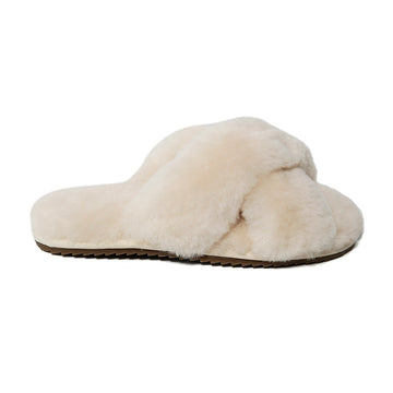 Women's Cross Band Fuzzy Slippers White 100% natural Australian merino sheepskin Genuine Shearling Sheepskin Slippers House Slippers